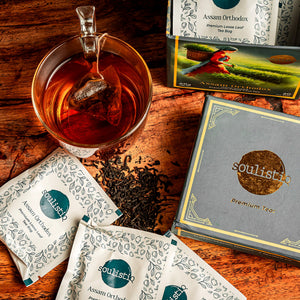 Assam Orthodox: the loose leaf, a cut bag and the sealed envelopes
