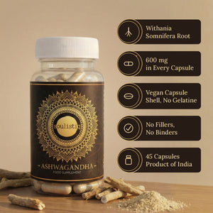 Ashwagandha root capsules jar with dried roots: 600 mg Withania somnifera root powder per capsule, vegan shell, no fillers or binders, 45 capsules, Product of India