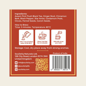 Chai loose leaf tea bags, back of pack with ingredients