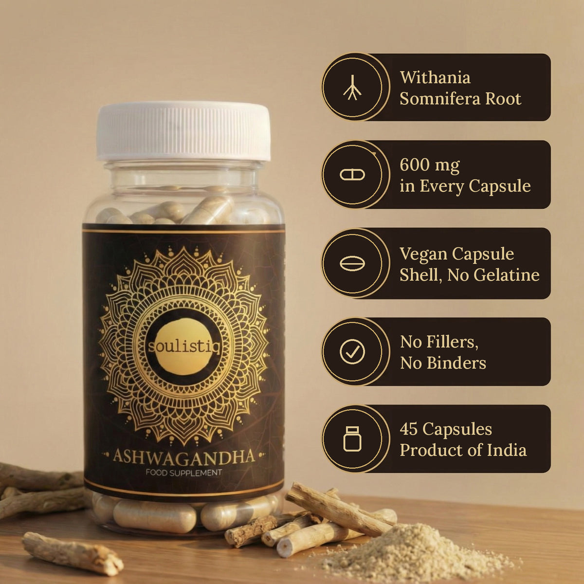 Ashwagandha root capsules jar with dried roots: 600 mg Withania somnifera root powder per capsule, vegan shell, no fillers or binders, 45 capsules, Product of India