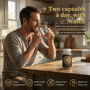 Two capsules a day with water: 1200 mg of ashwagandha root powder per daily portion. Food supplement, store cool and dry, keep from children