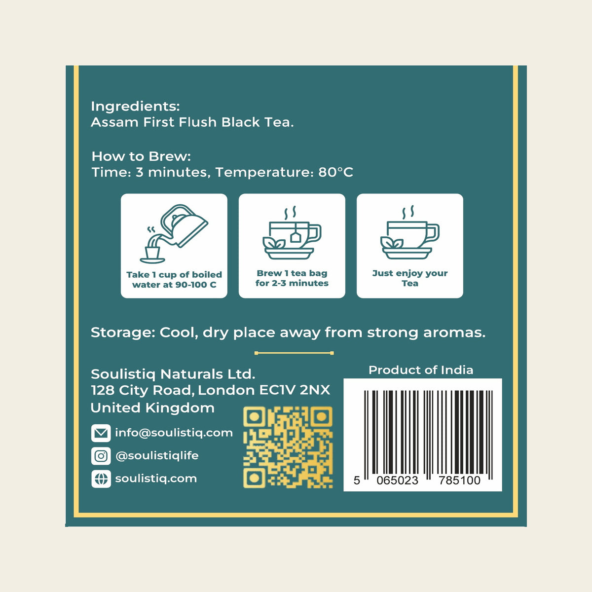 Assam Orthodox loose leaf tea bags, back of pack with ingredients