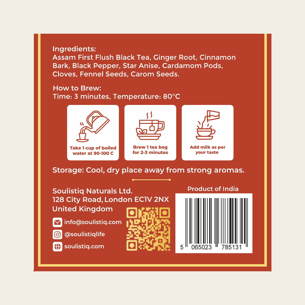 Chai loose leaf tea bags, back of pack with ingredients