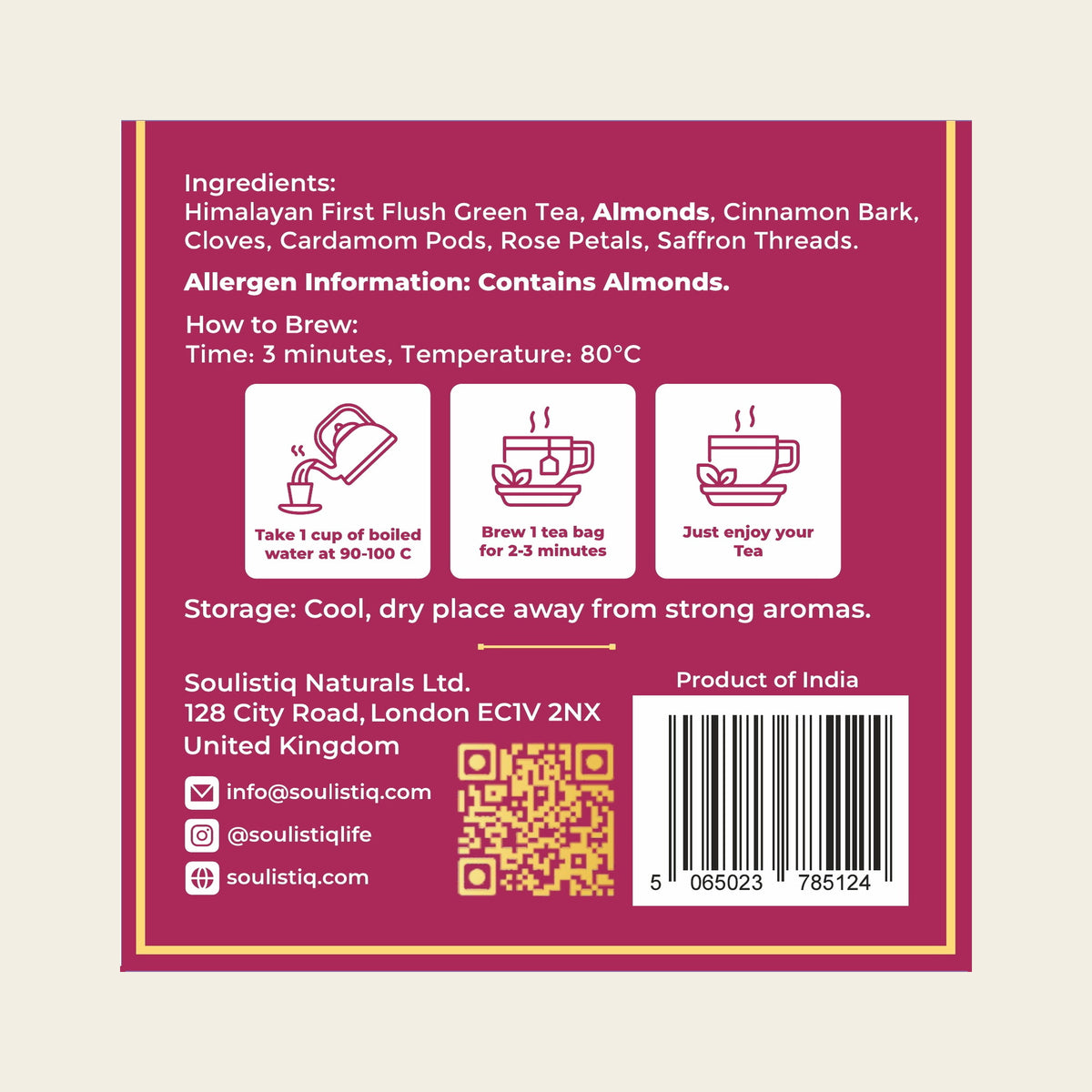 Comforting Kahwa loose leaf tea bags, back of pack with ingredients