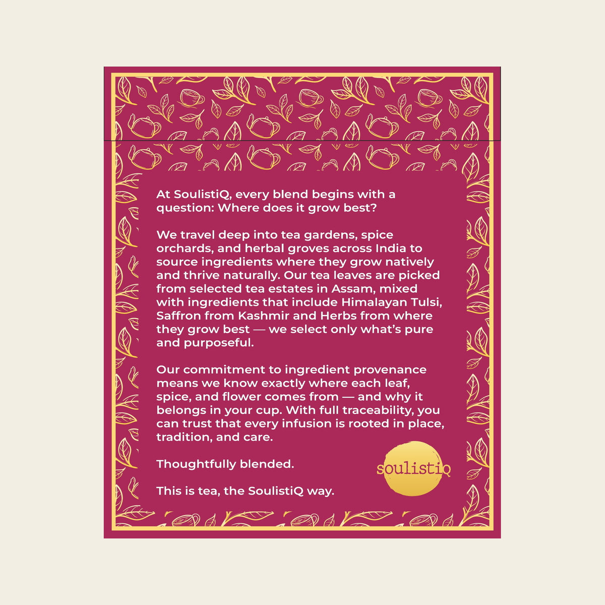 Comforting Kahwa loose leaf tea bags, side of pack