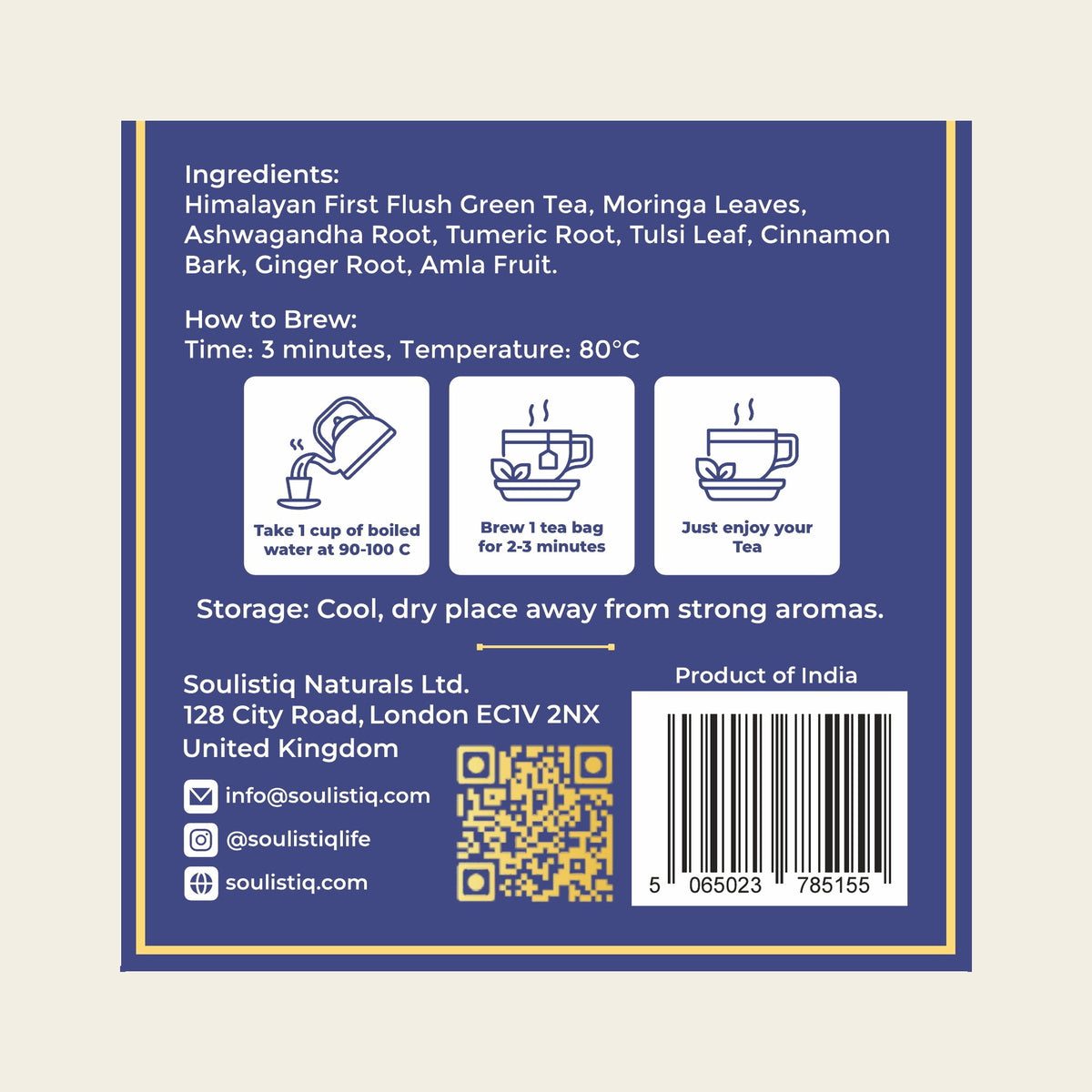 Melodious Moringa loose leaf tea bags, back of pack with ingredients